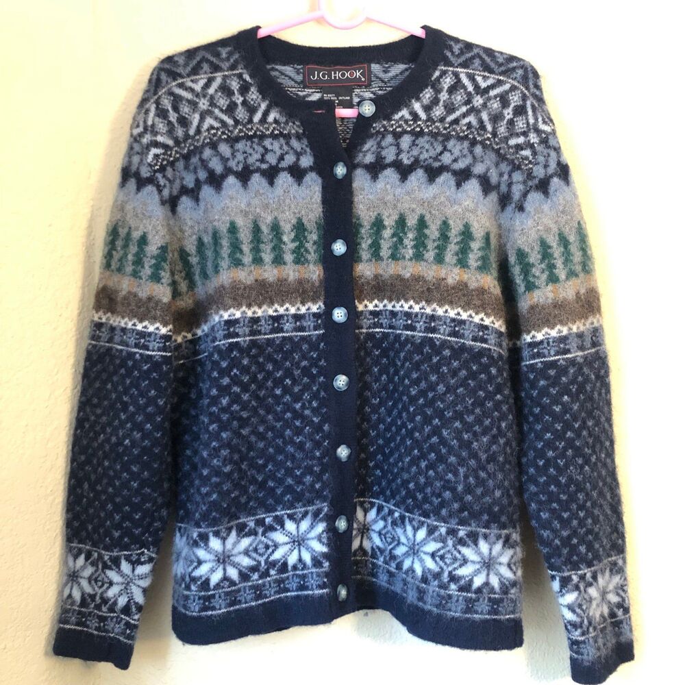 J.G. Hook Women's Cardigan Sweater Medium Christmas Print 100% Wool Cottage Core